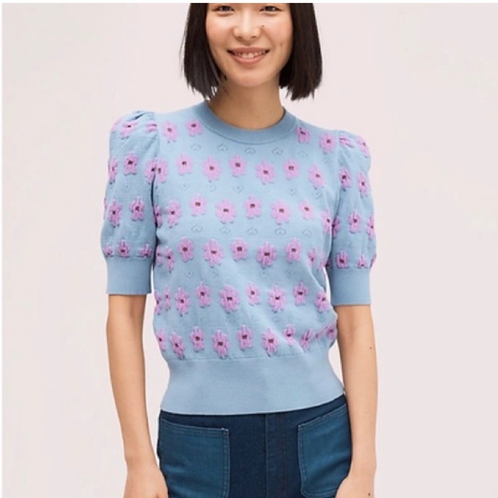 Kate Spade Marker Floral Puff Sleeve Sweater XS Blue Purple